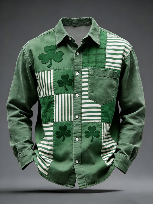 Retro st patricks day clover stripe patchwork casual shirt