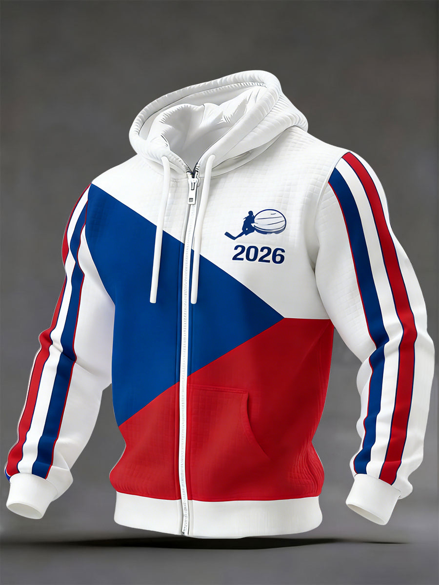Retro czech flag hockey 2026 commemorative casual waffle hoodie