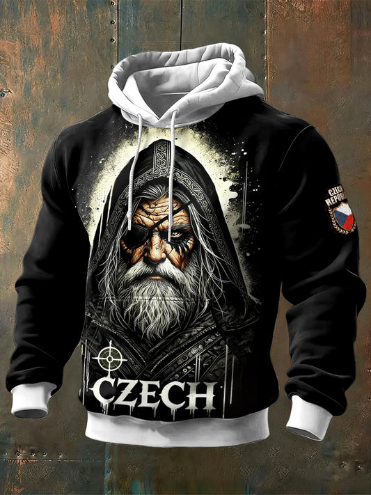 Pánské czech mythology print black hooded sweatshirt