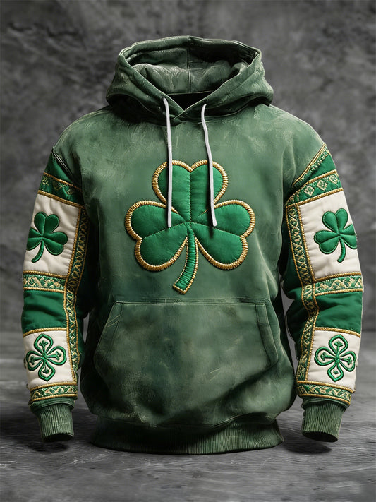Retro st patricks day shamrock patchwork casual hoodie