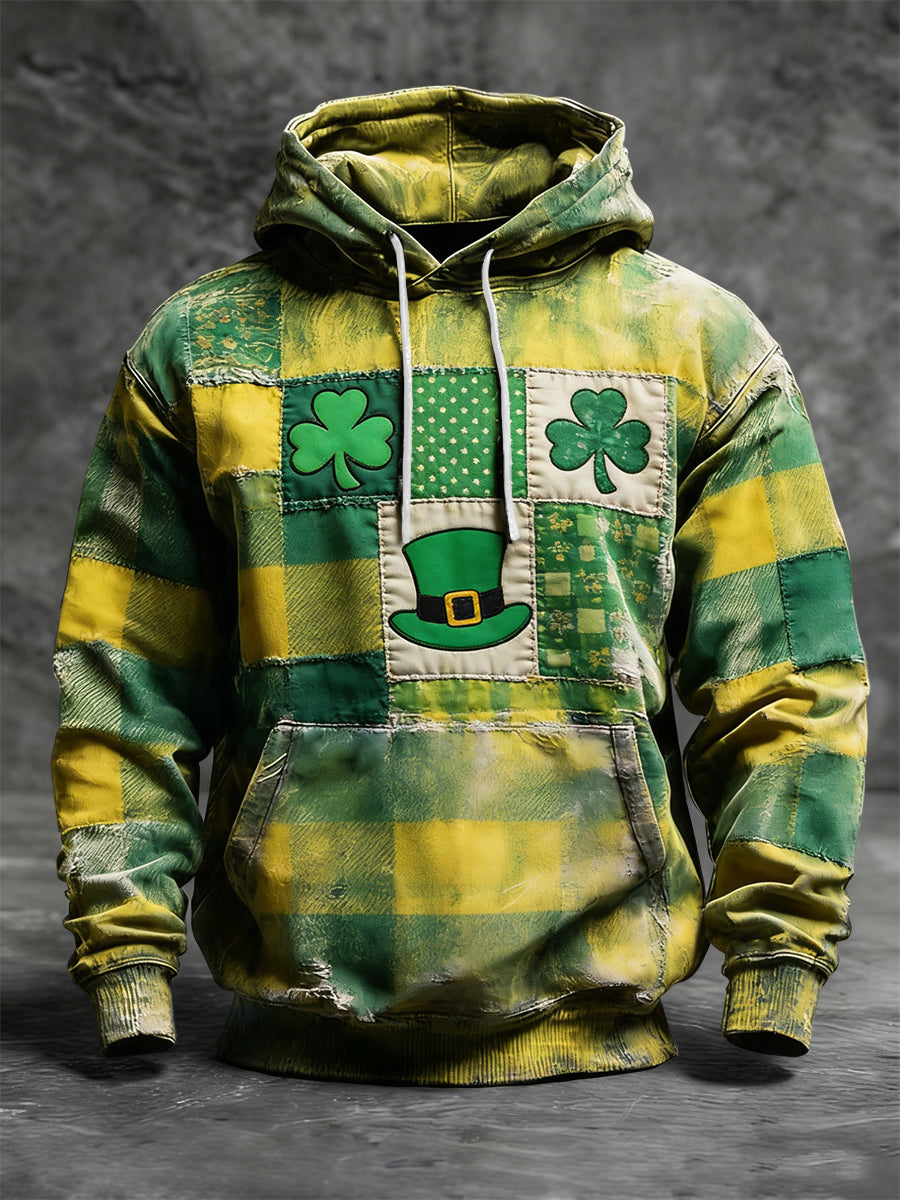 Retro st patricks day shamrock plaid casual hoodie