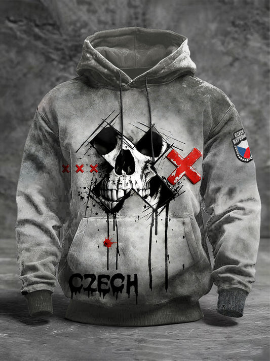 Pánské české retro lebka šedá mikina s kapucnou