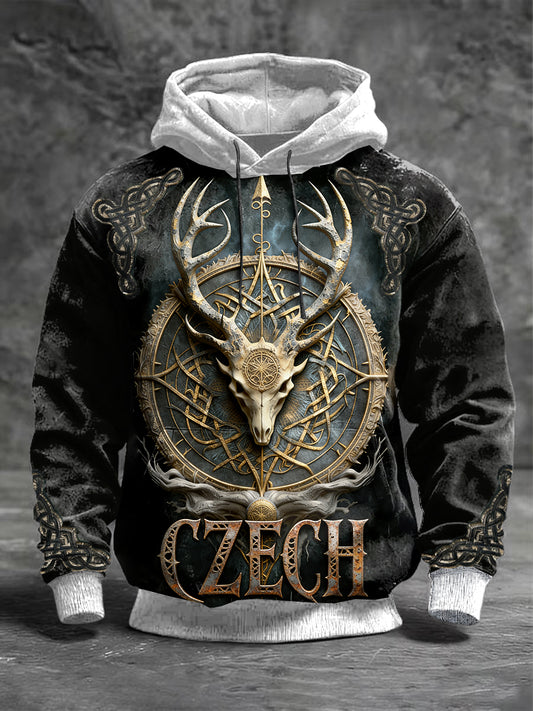 Pánské czech mythology deer print patchwork hooded sweatshirt
