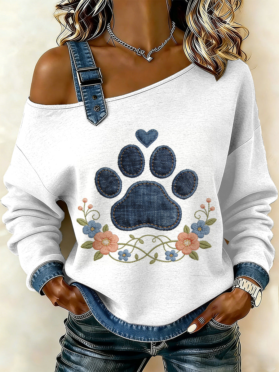 Ženské vintage psi paw patchwork print casual offshoulder sweatshirt