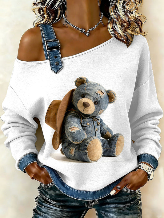 Dámské vintage medvědí patchwork tisk neformální offrameno sweatshirt