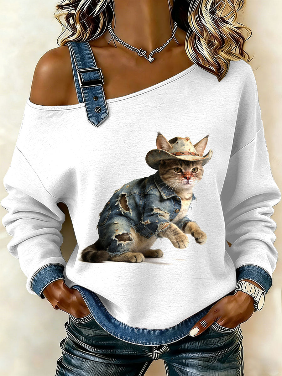 Ženy vintage cat patchwork print casual offshoulder sweatshirt