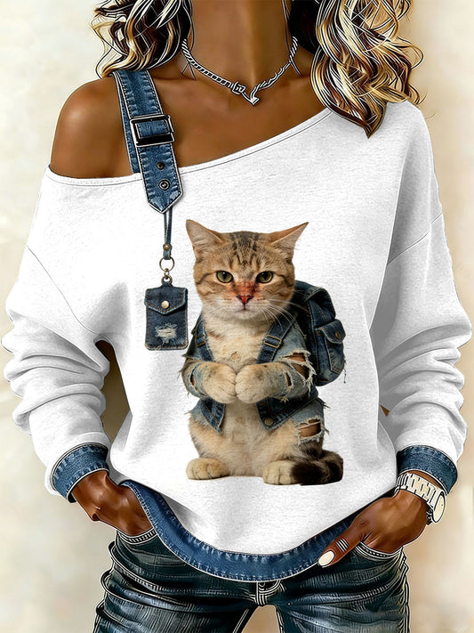 Ženy vintage cat patchwork print casual offshoulder sweatshirt