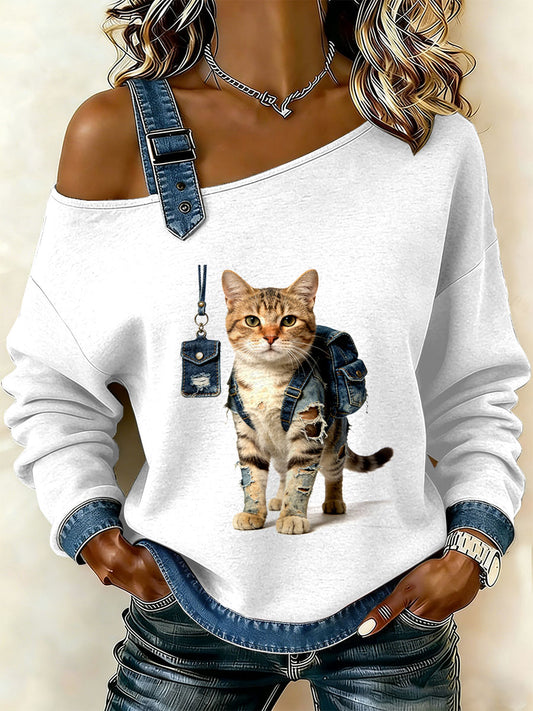 Ženy vintage cat patchwork print casual offshoulder sweatshirt
