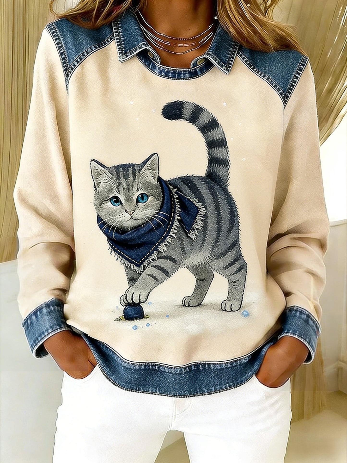 Retro roztomilý zvířecí šálek cat denim patchwork art tištěné casual volné dlouhé rukávy klopa mikina