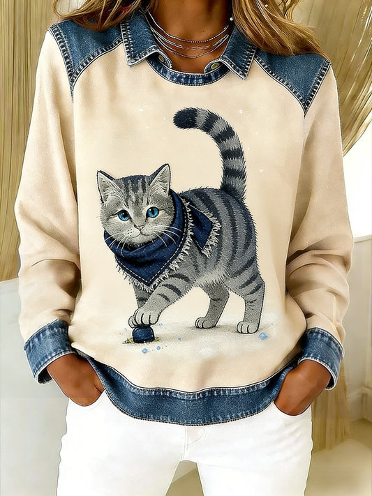 Retro roztomilý zvířecí šálek cat denim patchwork art tištěné casual volné dlouhé rukávy klopa mikina