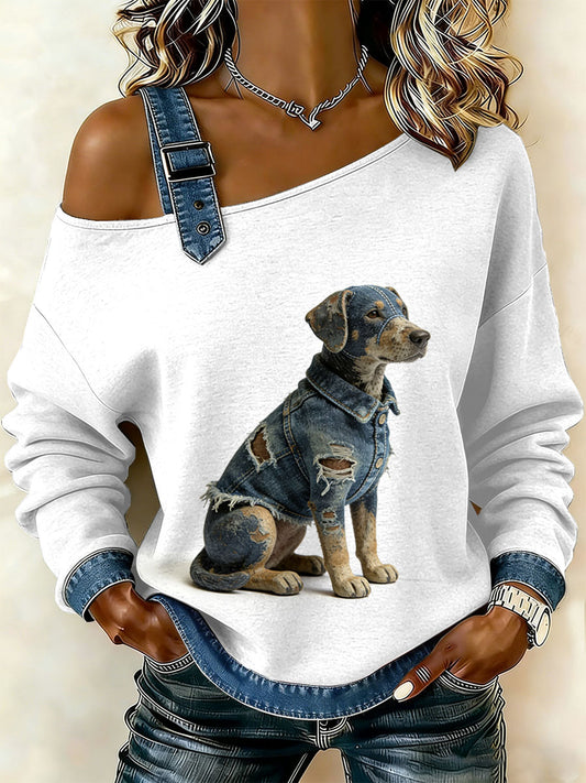 Ženské vintage psi patchwork print casual offshoulder sweatshirt