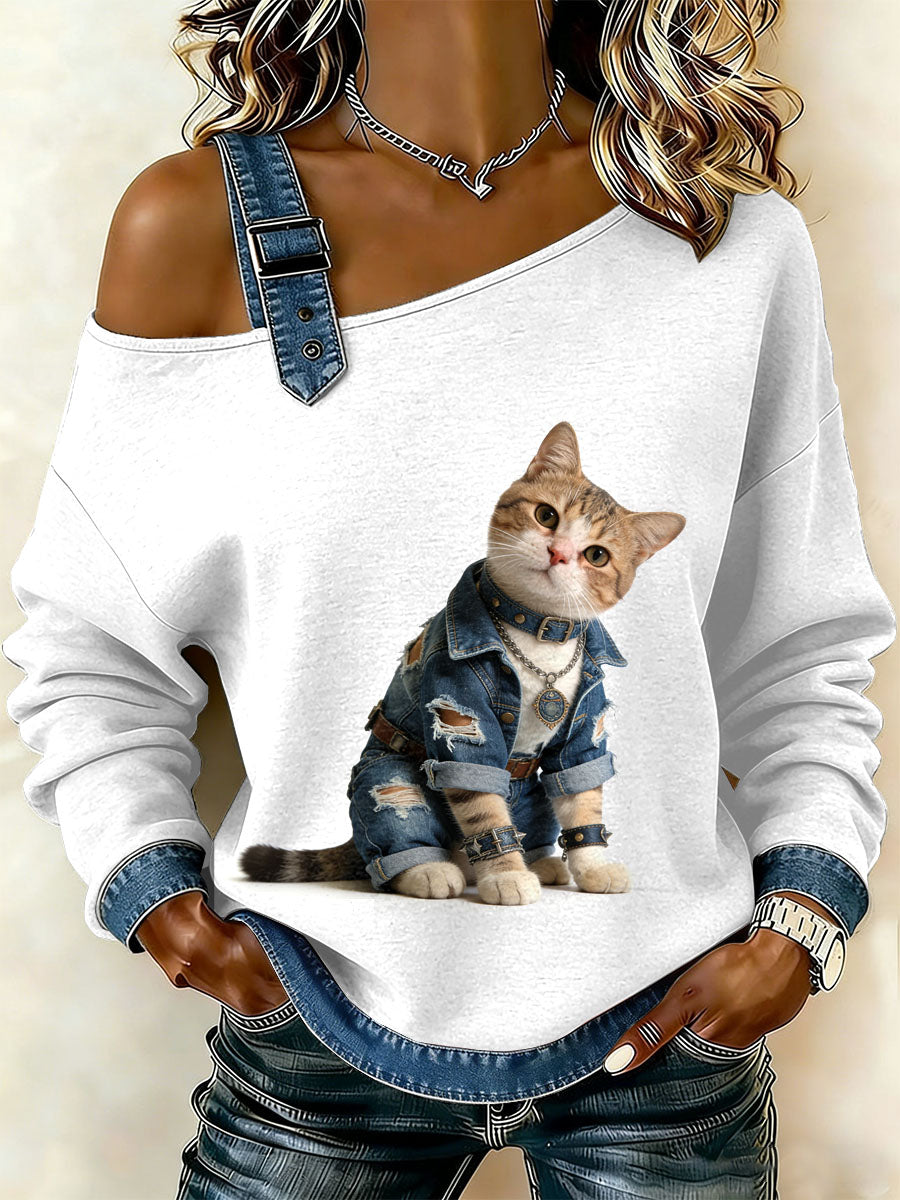 Ženy vintage cat patchwork print casual offshoulder sweatshirt