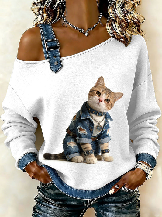 Ženy vintage cat patchwork print casual offshoulder sweatshirt