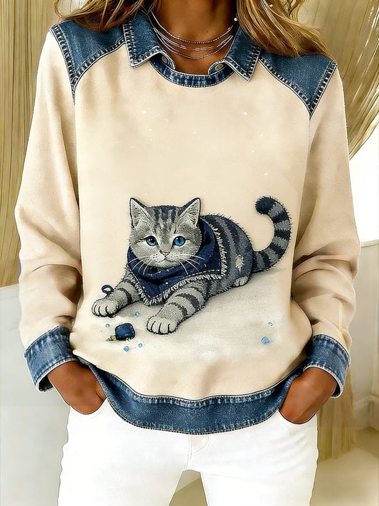 Retro roztomilý zvířecí šálek cat denim patchwork art tištěné casual volné dlouhé rukávy klopa mikina