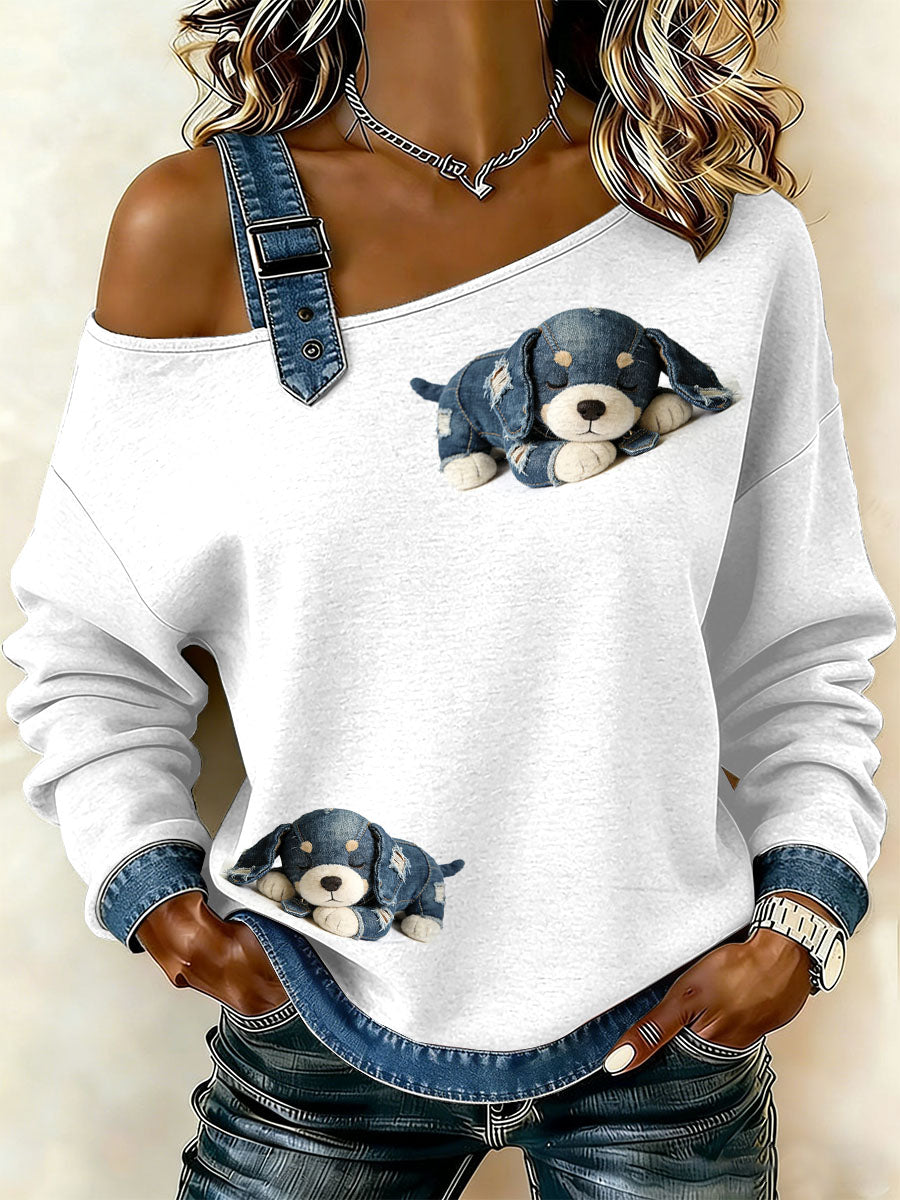 Ženské vintage psi patchwork print casual offshoulder sweatshirt