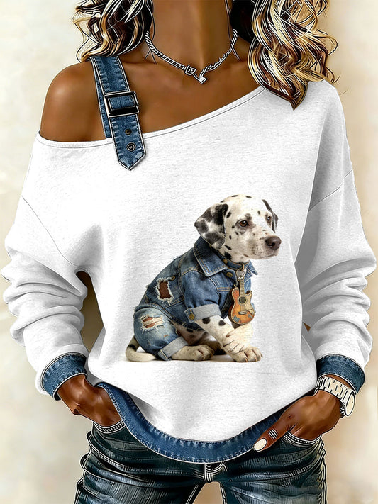Ženské vintage psi patchwork print casual offshoulder sweatshirt