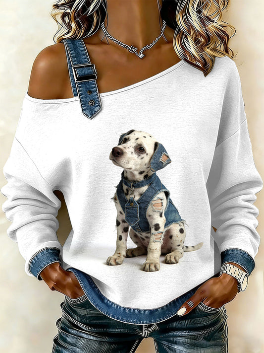 Ženské vintage psi patchwork print casual offshoulder sweatshirt