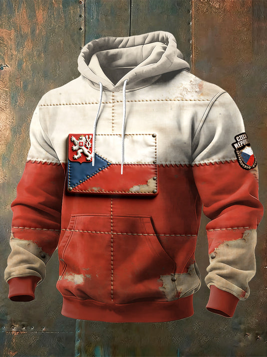 Pánské české vlajky vintage patchwork print hooded sweatshirt
