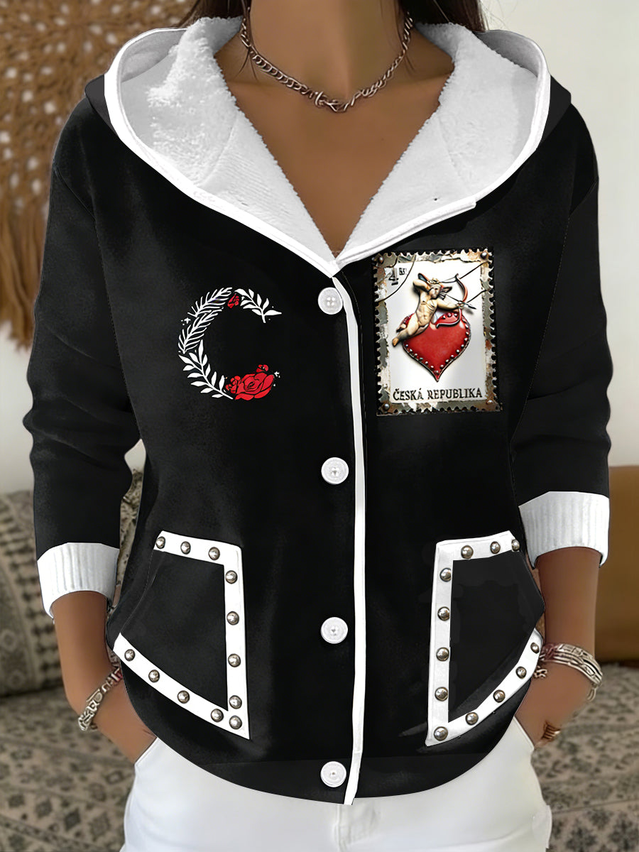 Ženská česká abeceda c poker design print černá bunda s kapucinou