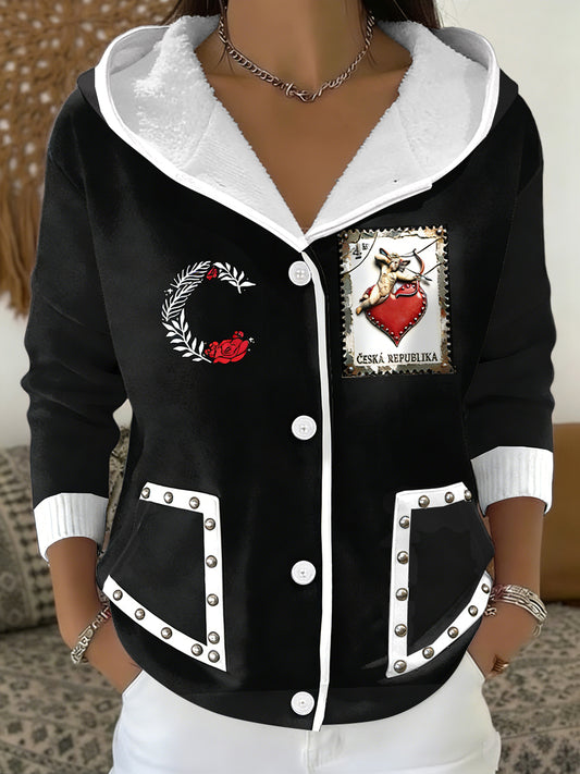 Ženská česká abeceda c poker design print černá bunda s kapucinou