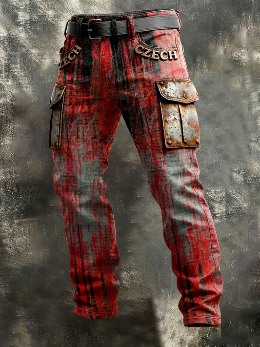 Pánské české tištěné červené rockstyl patchwork kalhoty