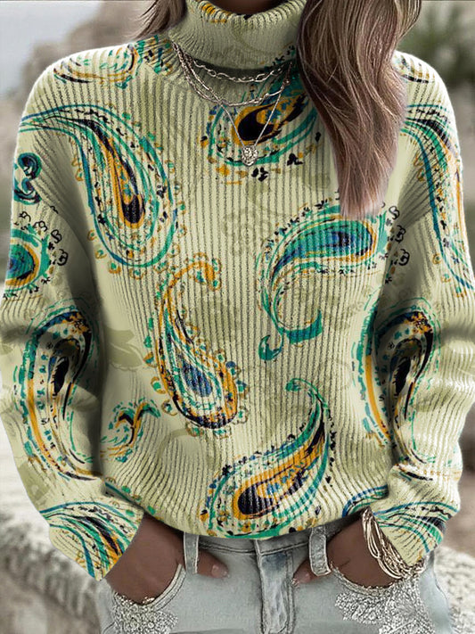 Dámské pávy peří paisley tisk zelený svetr