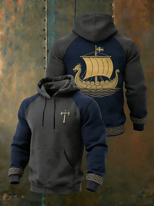 Pánské stylové dvoutón šedánámořní viking loď hoodie
