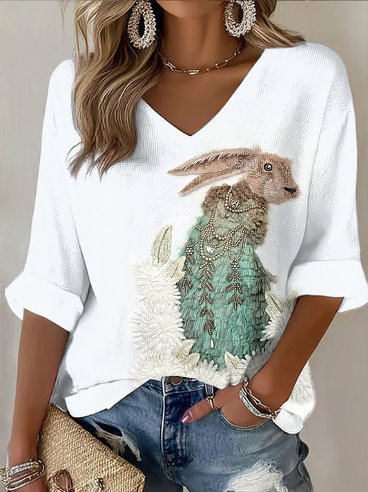 Dámské kreslené králíky tisk bílá móda vneck top