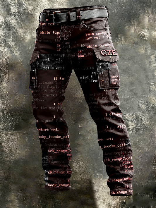 Pánské české cyber digitální tisk červenohnědé pracovní kalhoty