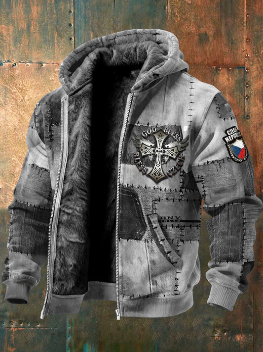 Pánské české vintage patchwork print šedé fleecelemované sako