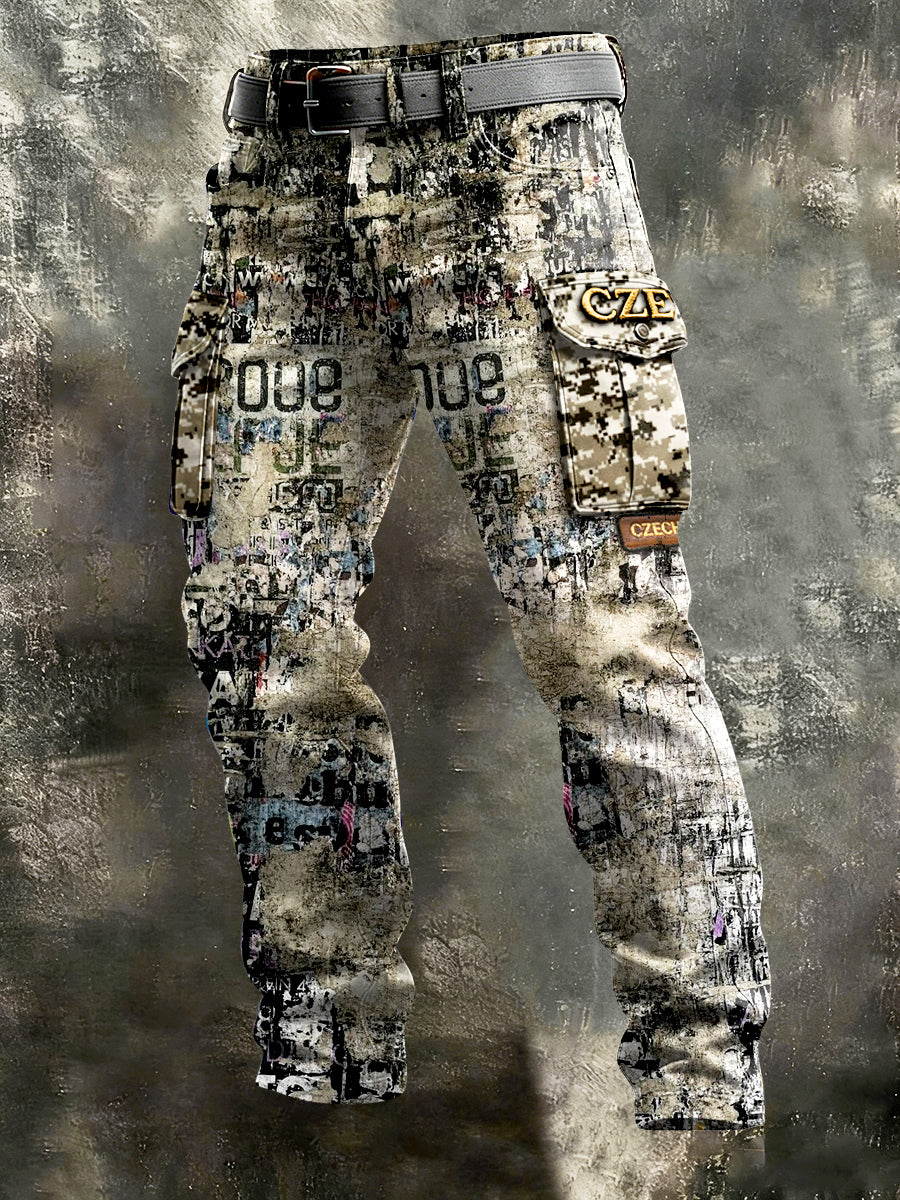 Pánské české vintage graffiti print pracovní kalhoty