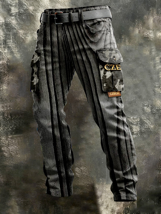 Pánské české pruhy šedé tištěné pracovní kalhoty