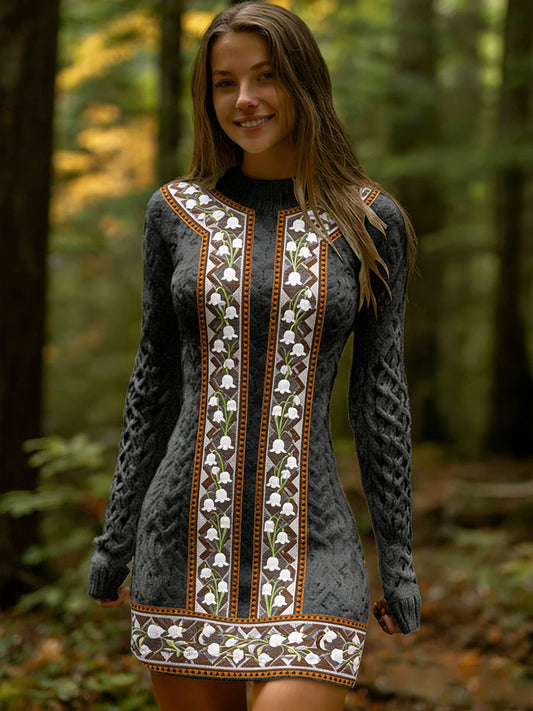 Ženské vintage etnický styl květinová tisk pletené pohodlné a elegantní šaty