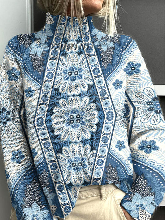 Dámské porcelánové květinové tisk neformální kolečkový svetr