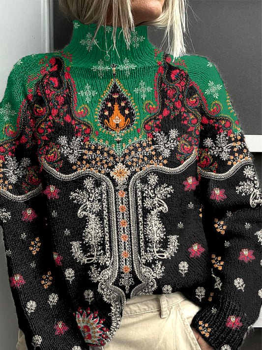 Dámské tradiční květinové patchwork tisk neformální roletý svetr