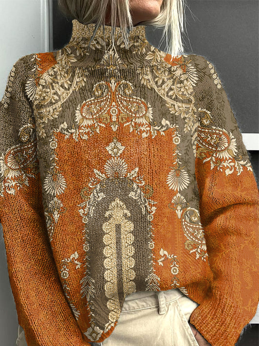 Dámské tradiční paisley patchwork tisk neformální roletý svetr