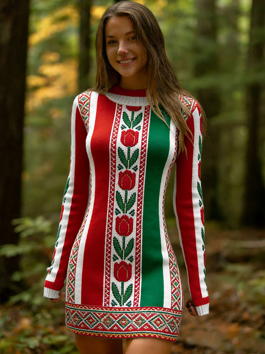 Ženské vintage etnický styl květinová tisk pletené pohodlné a elegantní šaty