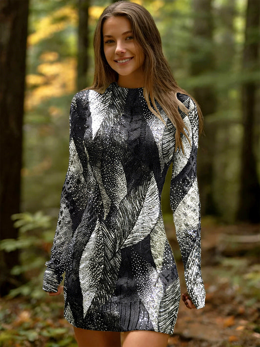 Dámské černé lesklé listy tisk neformální šaty