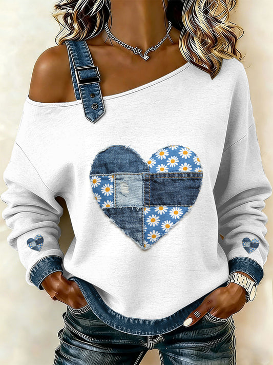 Dámské vintage floral patchwork print casual offshoulder sweatshirt