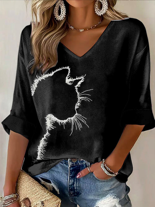 Pánské kočky vyšívané tisk černé casual v krku s dlouhým rukávem