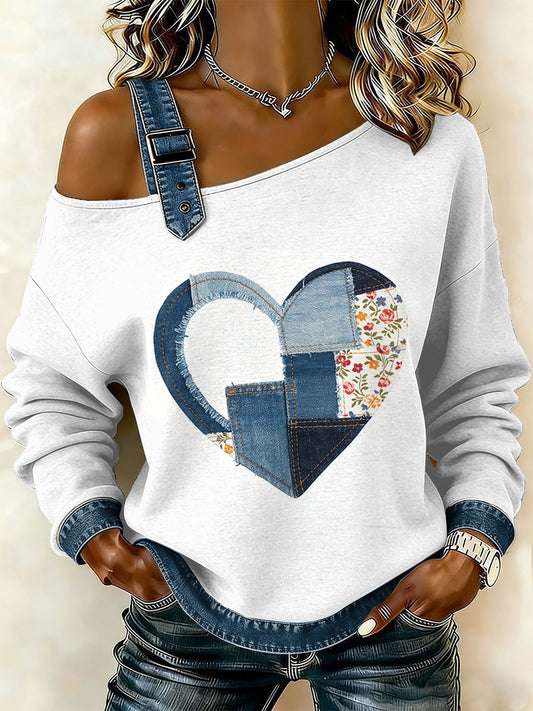Dámské vintage floral patchwork print casual offshoulder sweatshirt