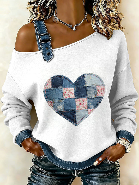 Dámské vintage floral patchwork print casual offshoulder sweatshirt