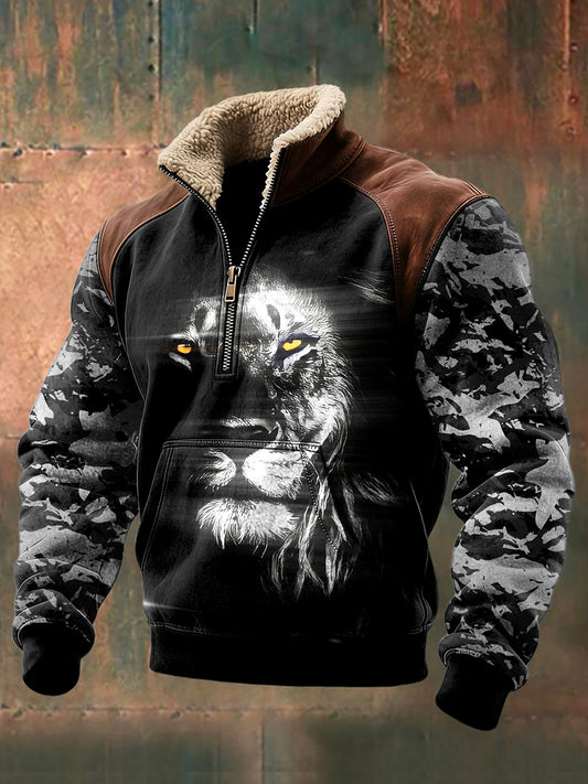 Pánské leví tisk kamufláž patchwork casual sweatshirt