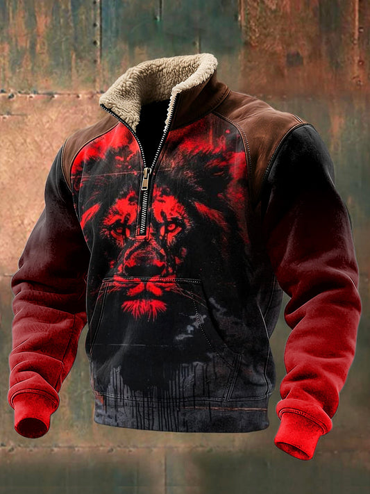 Men lion print gradient patchwork casual sweatshirt