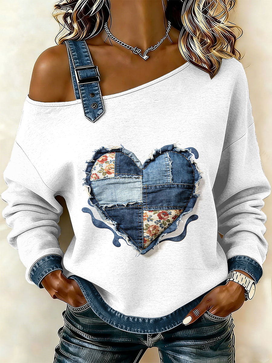 Dámské vintage floral patchwork print casual offshoulder sweatshirt
