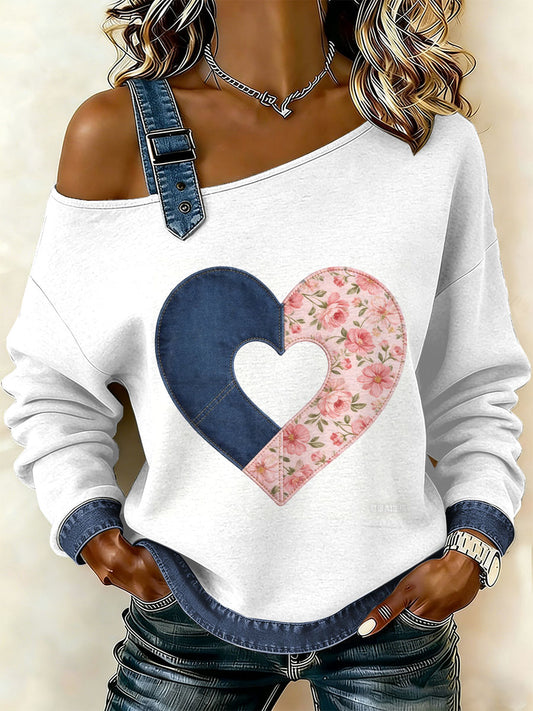 Dámské vintage floral patchwork print casual offshoulder sweatshirt