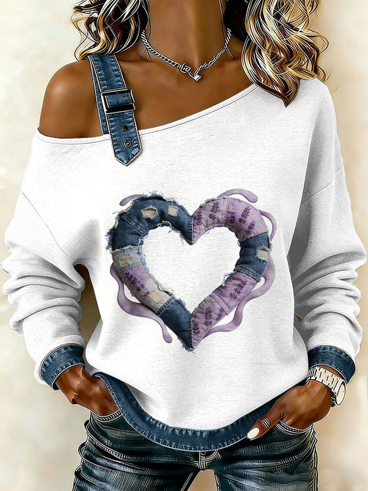 Dámské vintage floral patchwork print casual offshoulder sweatshirt