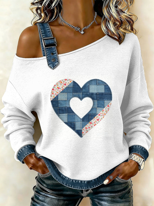 Dámské vintage floral patchwork print casual offshoulder sweatshirt