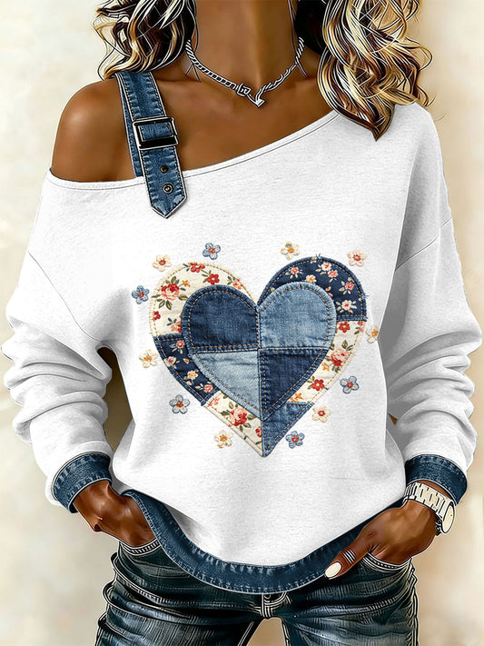 Dámské vintage floral patchwork print casual offshoulder sweatshirt