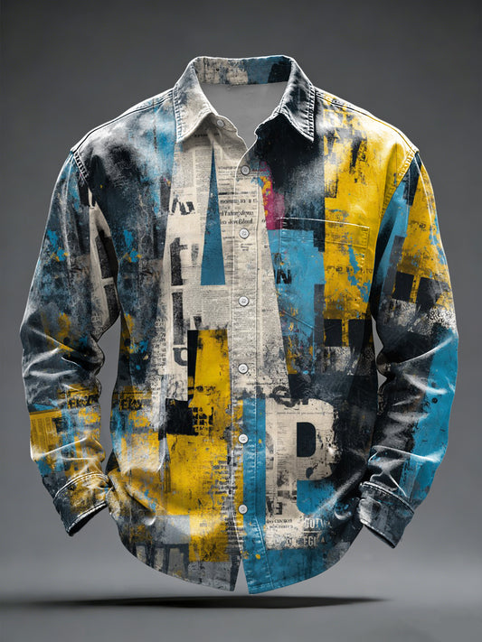 Men bold yellowblue newspaper graffiti buttondown shirt
